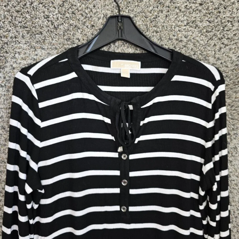 Michael Kors Top Womens Large Black Striped Ribbed Knit‎ Neck Tie Tee Casual